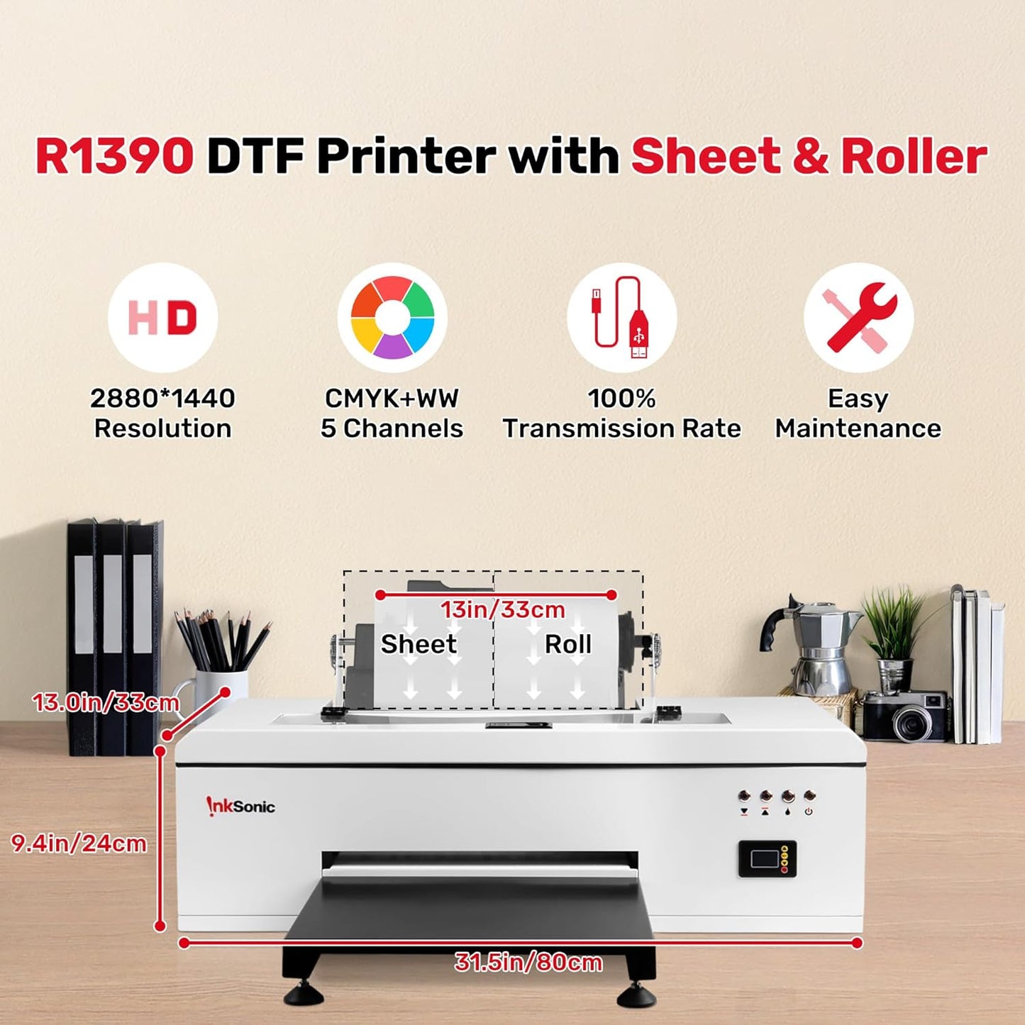 InkSonic R1390 DTF Printer, A3 T shirt Printing Machine with Laptop and Oven Bundle, 13" DTF Printer Machine, Direct to Film Heat Transfer, T-Shirt Maker for Clothes Design, Custom DIY Printing
