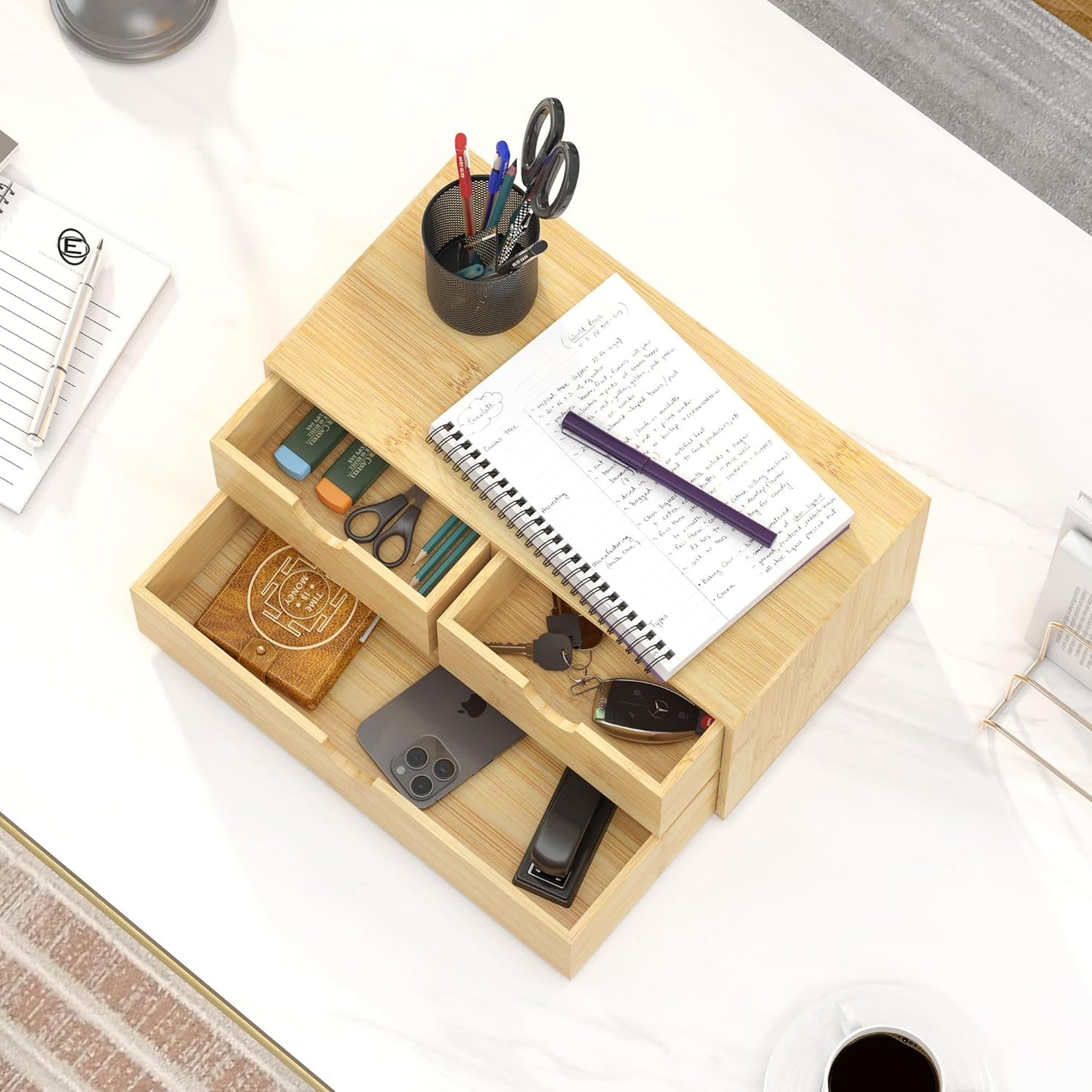 Bamboo Desk Organizer with Drawers - Small Desktop Countertop Mini Tabletop Storage Container - No Assembly Required