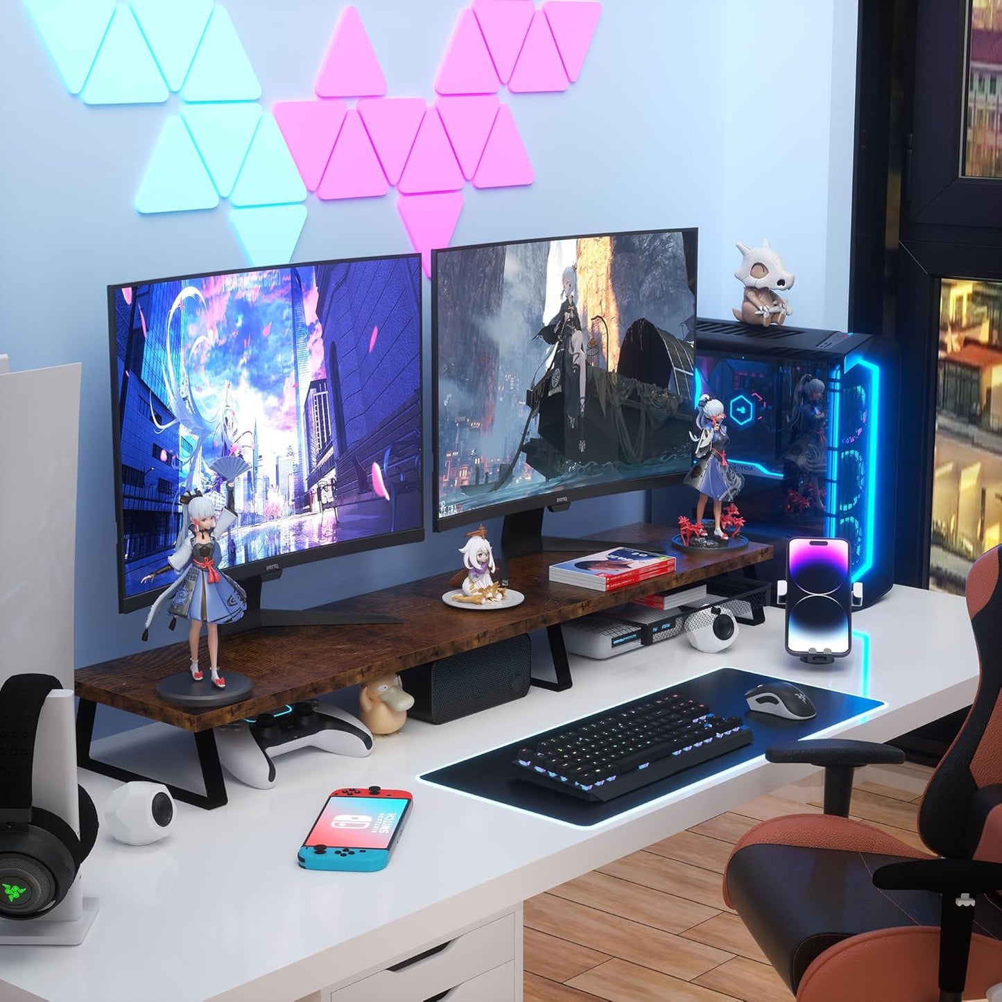 Aothia Dual Monitor Stand Riser - Metal Leg Monitor Stand with Drawer, Desk Shelf for PC, Laptop & Screen (Vintage)