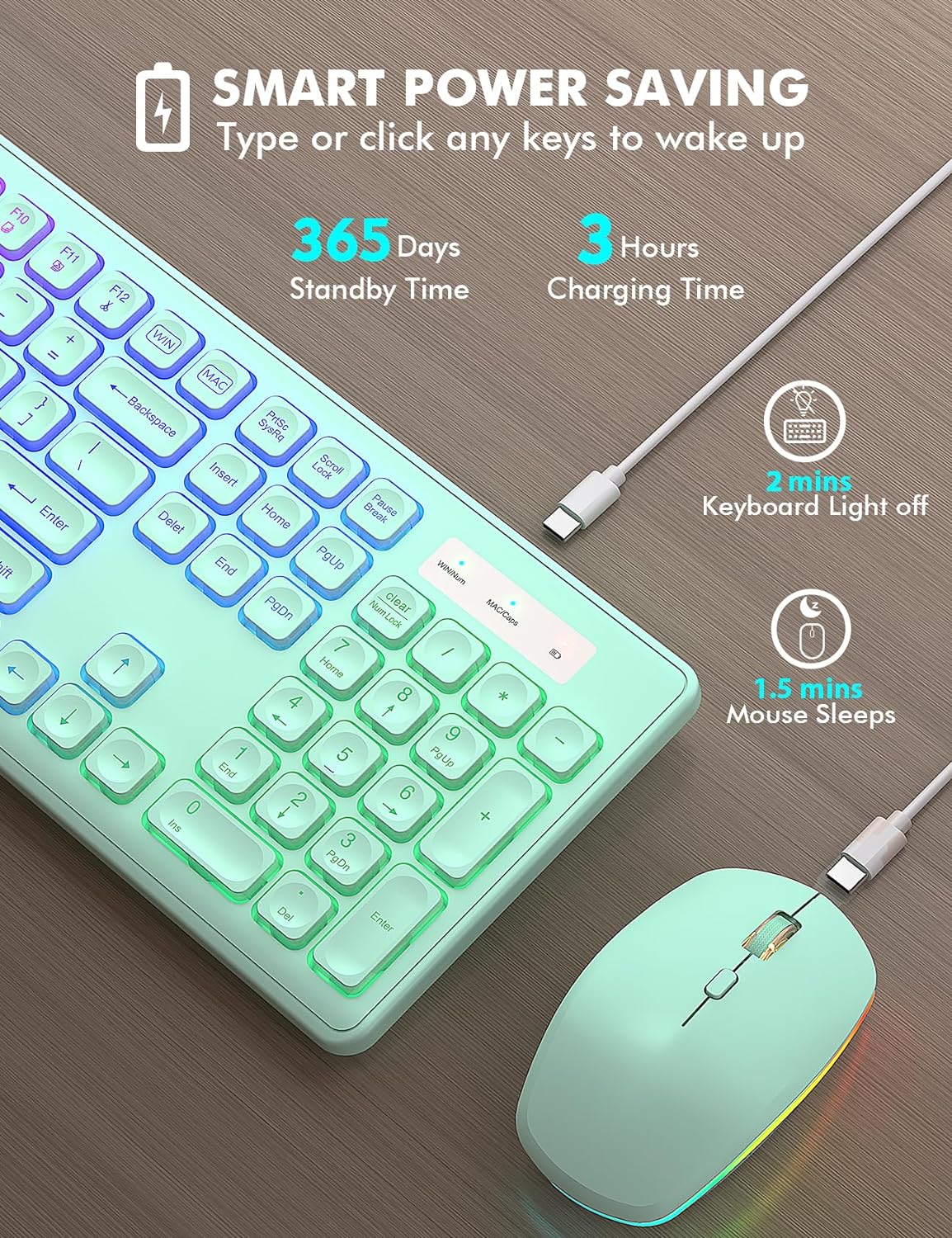 Wireless Keyboard and Mouse Combo - RGB Backlit, Rechargeable & Light Up Letters, Full-Size, Ergonomic Tilt Angle, Sleep Mode, 2.4GHz Quiet Keyboard Mouse for Mac, Windows, Laptop, PC, Mint Green