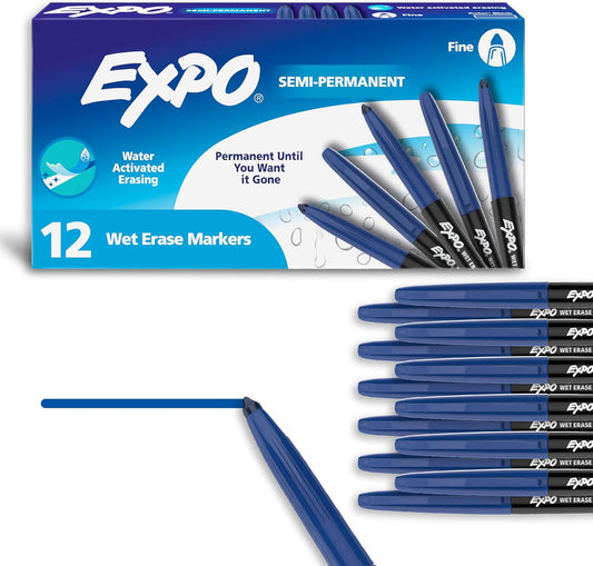 EXPO Wet Erase Markers, Semi-Permanent Markers, Blue, Fine Tip, 12 Count