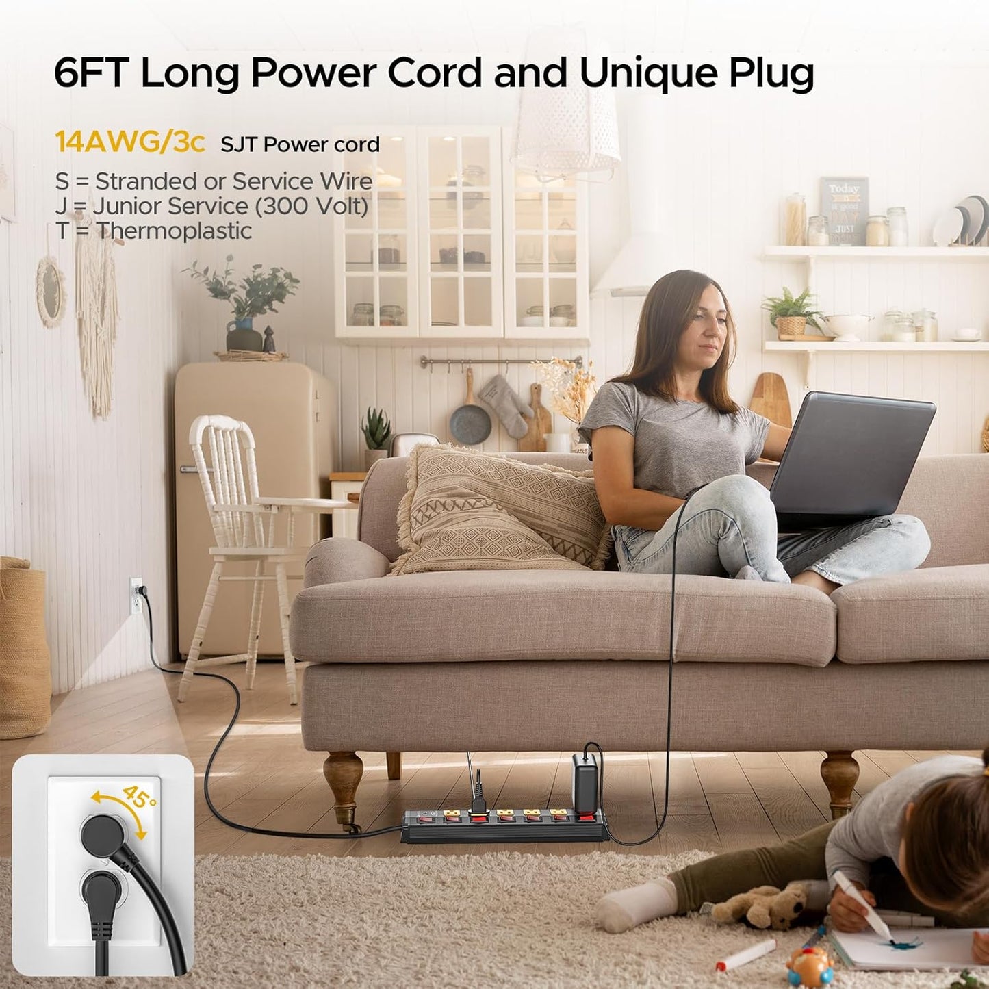 CRST 6 Outlet Metal Heavy Duty Power Strip with Individual Switches, 6FT Wall Mount Garage Power Strip, Surge Protector (1200 Joules), 15amp/1875W, 14AWG SJT Power Cord