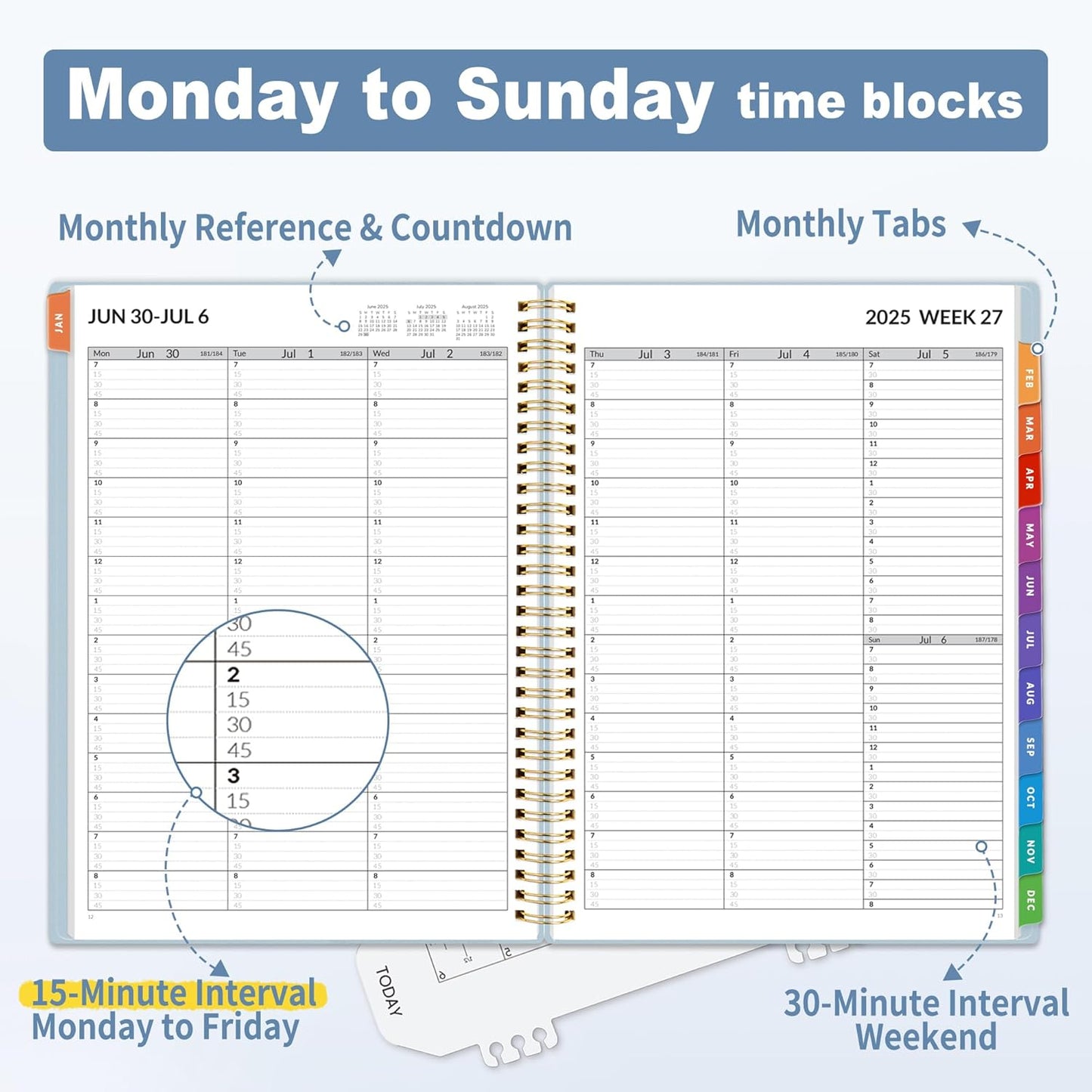 SUNEE 2025-2026 Appointment Book, Quarter-Hourly, Weekly & Monthly - from July 2025 to June 2026, 8.5"x11" Academic Planner, Flexible Cover, Note Pages, Pockets, Bookmark, Spiral Binding, Blue