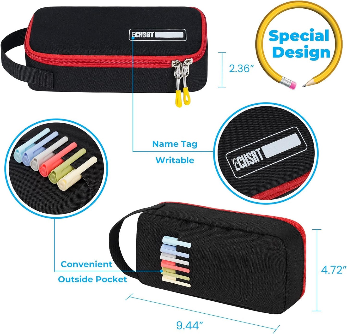 ECHSRT Big Pencil Case, Aesthetic Portable Zipper Pencil Bag with Hidden Pocket, Special Pouch for Men Women Adults, Stationery Organizer Pen Cases for Office Travel,Black