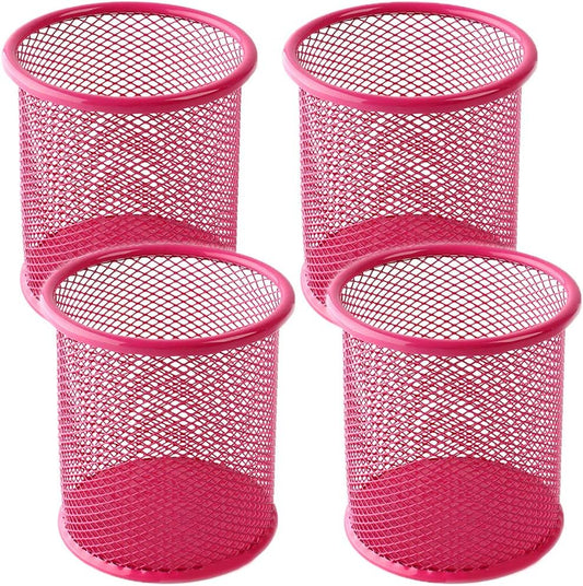 Ameceres 4 Packs Wire Mesh Pencil Holder Metal Pen Cup Desk Pen Organizer Case Pencil Jar Black for Office Home (DeepPink)
