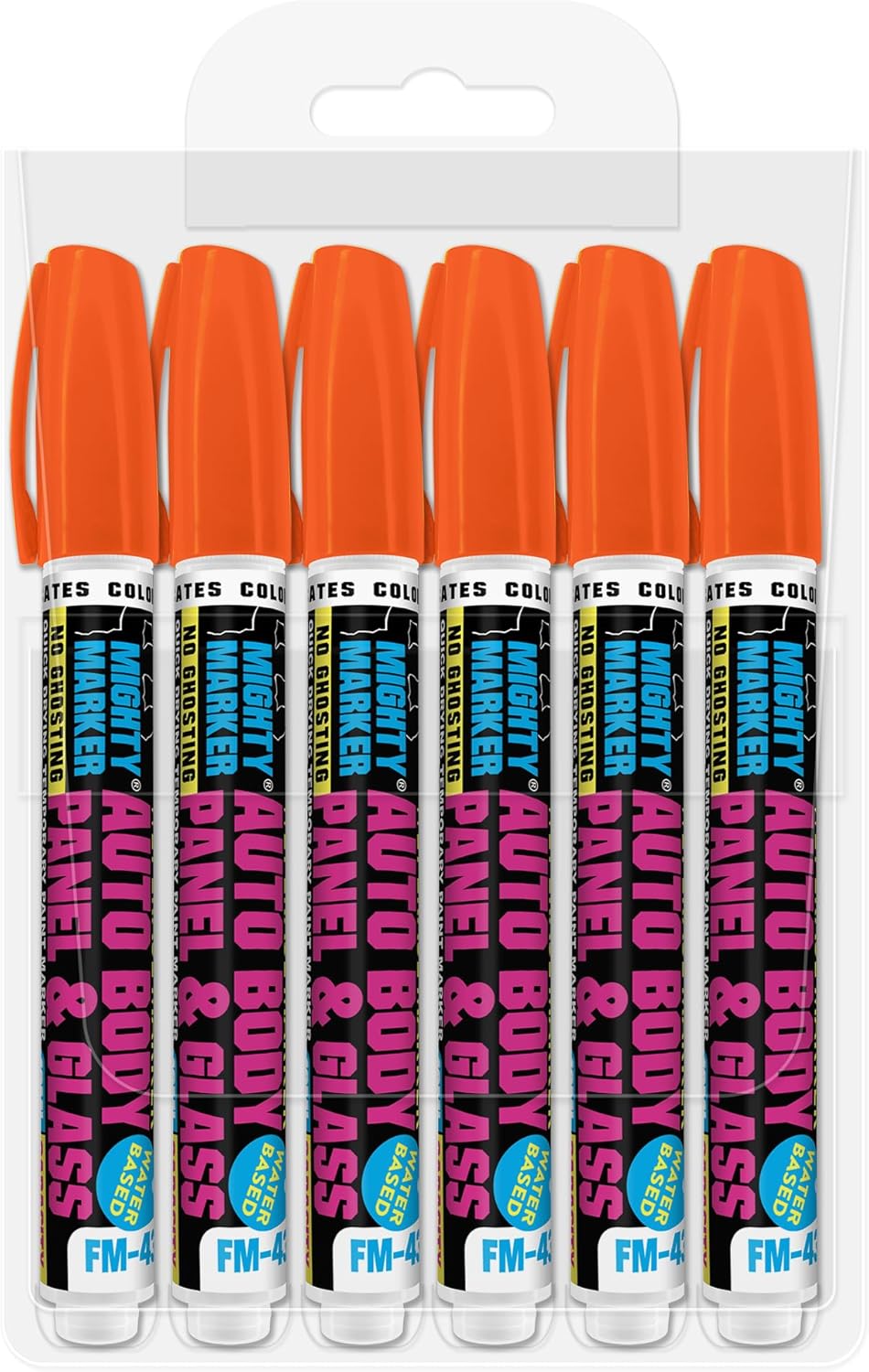 FM-43 Auto Body and Glass Paint Marker, No-Ghost, Highly Water-Resistant, 2.3mm Bullet Tip, Valve Action, 6 Bonus Reversible Tips, Made in USA - Orange 6 Pack