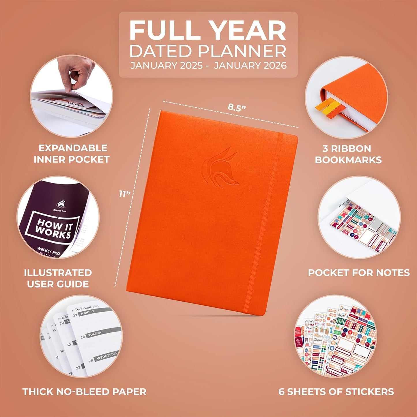 Clever Fox Planner PRO Dated (Jan 2025–Jan 2026) Weekly & Monthly Life Planner to Increase Productivity, Time Management and Hit Your Goals – Organizer, Gratitude Journal – A4 Size (Orange)