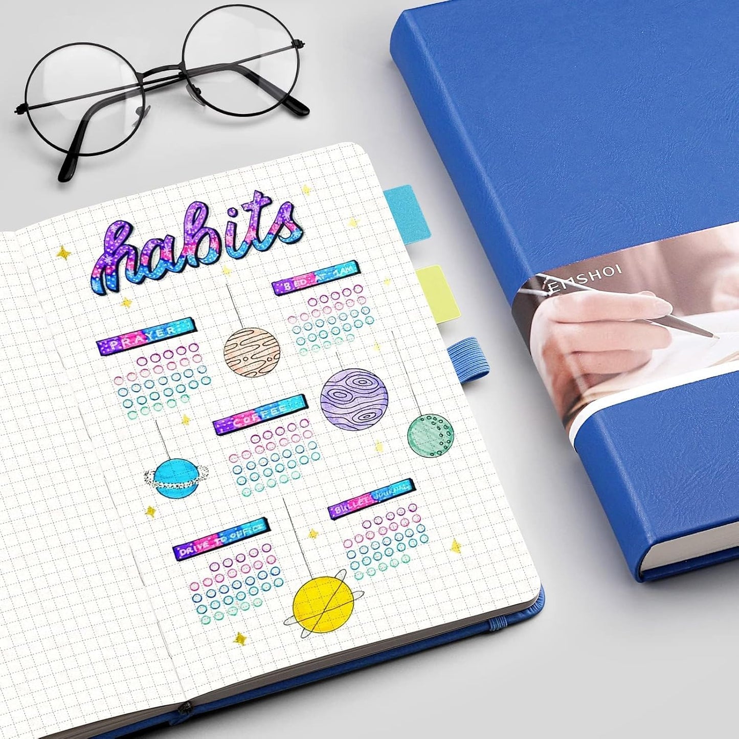 EMSHOI Graph Paper Notebook - 256 Pages A5 Graph Notebook/Journal, Square Grid Notebooks for Work, 120gsm Thick Paper, Executive Hardcover Leather, Inner Pocket, Pen Loop 5.75'' × 8.38''-Blue