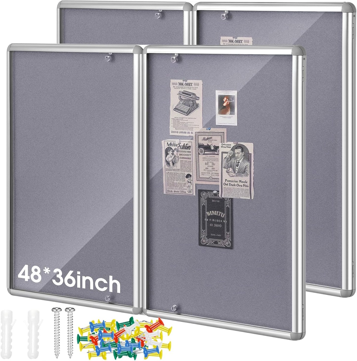 2 Pack Enclosed Bulletin Board 48"x36" Weather Resistant Lockable Enclosed Notice Cork Case Display Board Wall Mounted 2 Locking Door Aluminum Frame for Back to School Classroom, 12xA4(Gray)