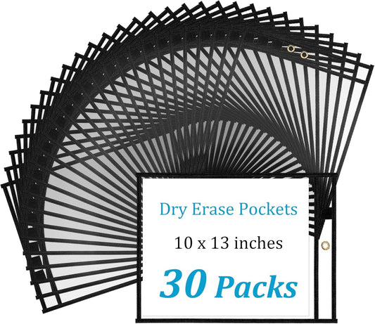 Ndsox 30 Packs Dry Erase Pockets Reusable Oversized Plastic Sleeves Clear Job Ticket Holders Heavy Duty Transparent Hanging Document Protectors for Classroom School Office Work Warehouse, Black