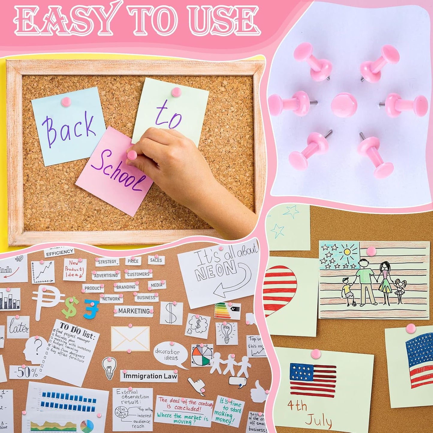 220 Count Pink Push Pins, Standard Plastic Head Steel Point Thumb Tacks Decorative Push Pins for Cork Board Wall Hanging