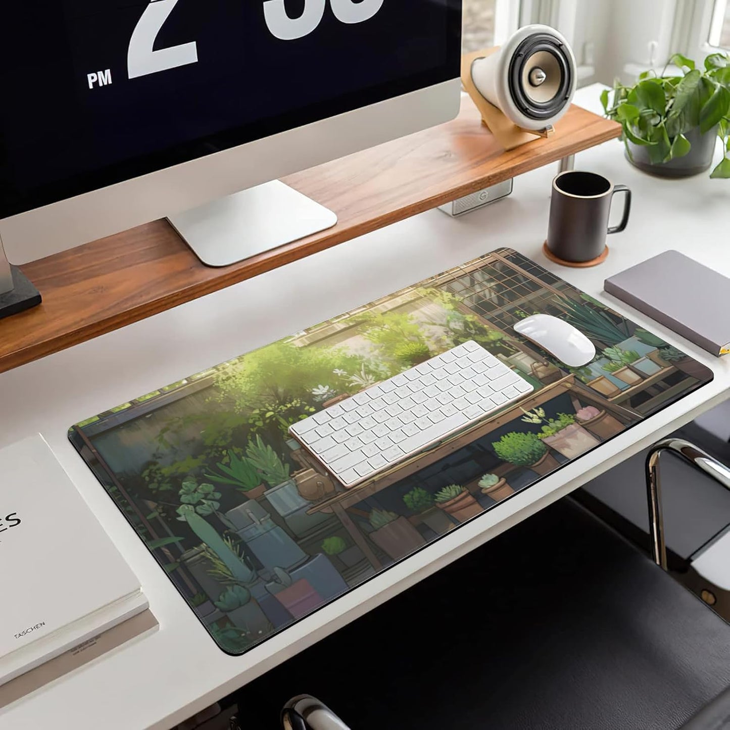 Desk Mat, Cute Lofi Green Extended Large Gaming Mouse Pad for Desk XXL, Non-Slip Rubber Base Stitched Edges Waterproof Long Computer Keyboard Desk Pad Mouse Mat for Home Office Gaming 35.4"X15.7"