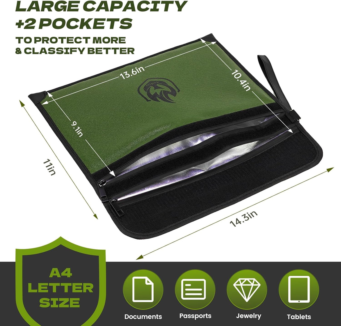 2 Pockets Fireproof Document Bag 6200°F, 10 Layers Waterproof Fireproof Money Bag for Cash with Reflective Strip, Heat Insulated Waterproof Document Holder Pouch, Fire Safe Storage, 14.7”x 11.2”