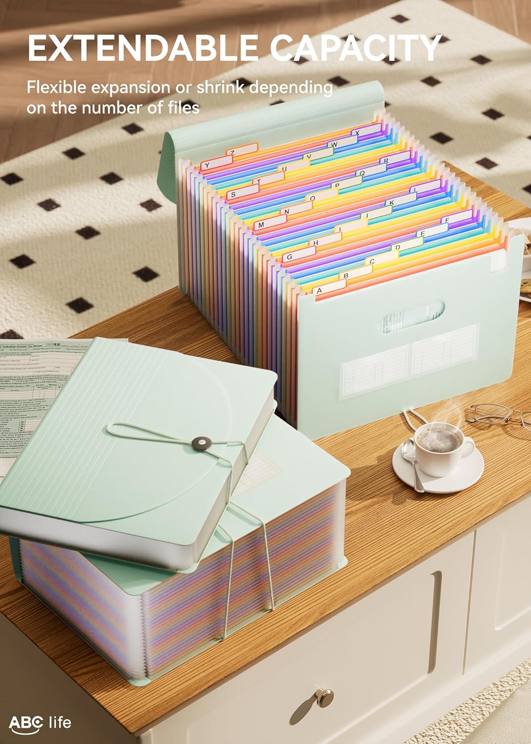ABC life 26 Pockets Accordion File Organizer, Expanding File Folder, Portable Monthly Paper Bill Tax Receipt Organizer, Letter A4 Size Document Organizer with Blank Labels - Sage Green