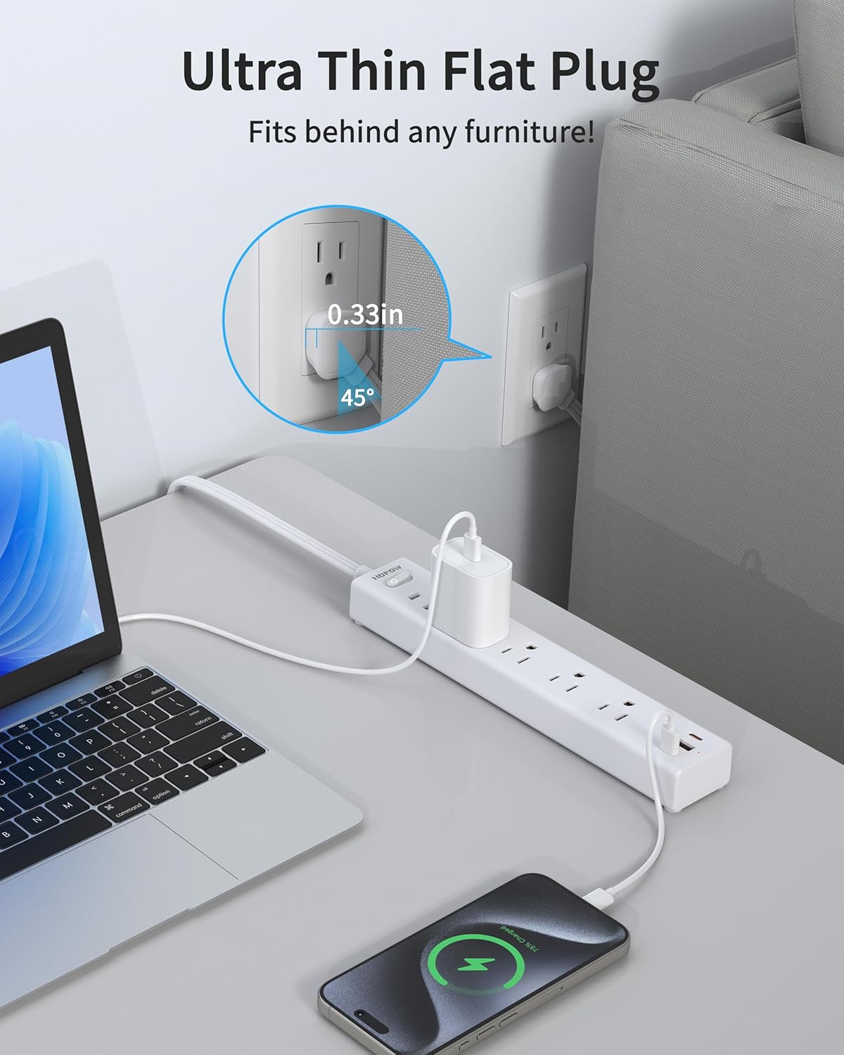Flat Plug Power Strip, 6 Ft Ultra Thin Flat Extension Cord, Surge Protector with 5 Outlets & 3 USB Ports (2 USB C), 1700 Joules, Wall Mount, Desktop Charging Station for Home Office Dorm, White