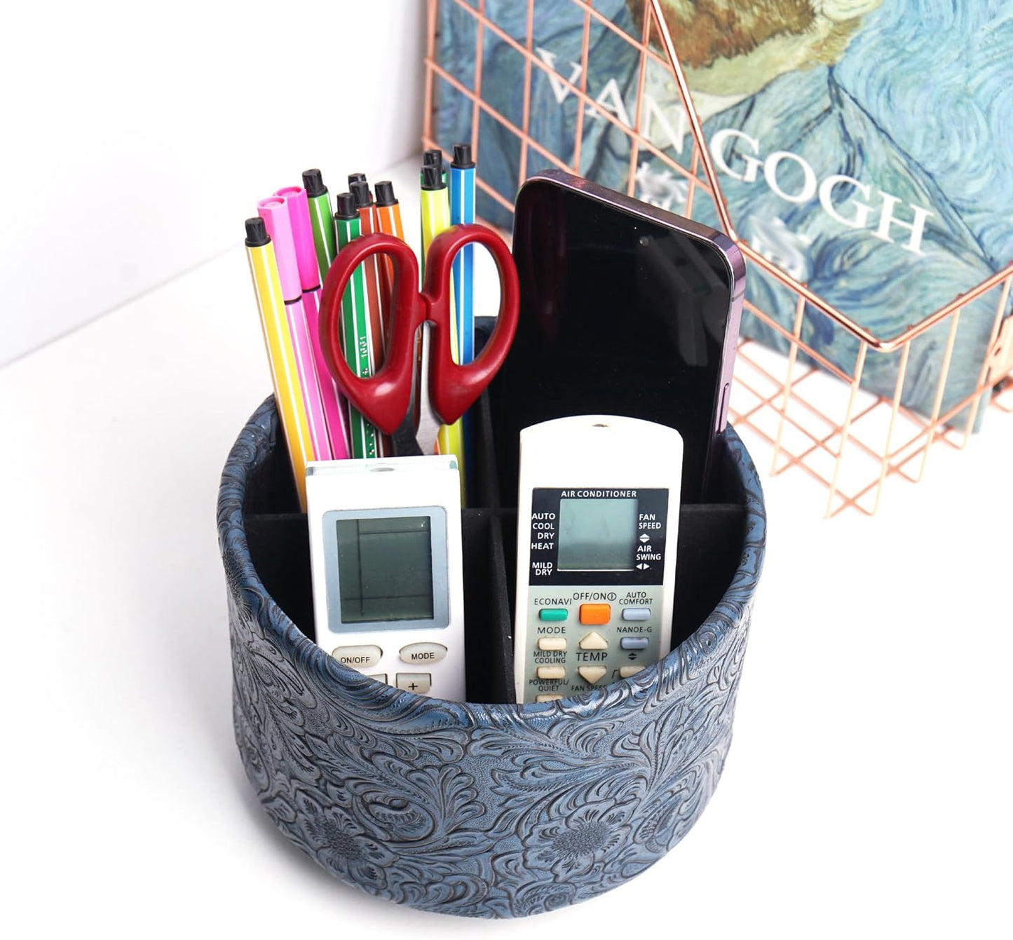 lizimandu Round Leather Art Supply Organizer,Remote Control Holder,360 Degree Spinning,Multi-Functional Pencil Holder,4 Compartments Desktop Stationary Organizer(1-Carved Dark Blue)
