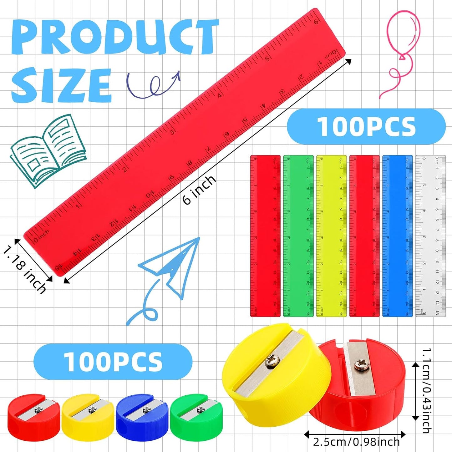 100 Pcs Plastic Rulers and 100 Pcs Mini Round Manual Pencil Sharpener Bulk, 4 Assorted Colors Pocket Sized Pencil Sharpeners Colorful Straight Ruler Back to School Supplies for Kids (Classic,6 Inch)