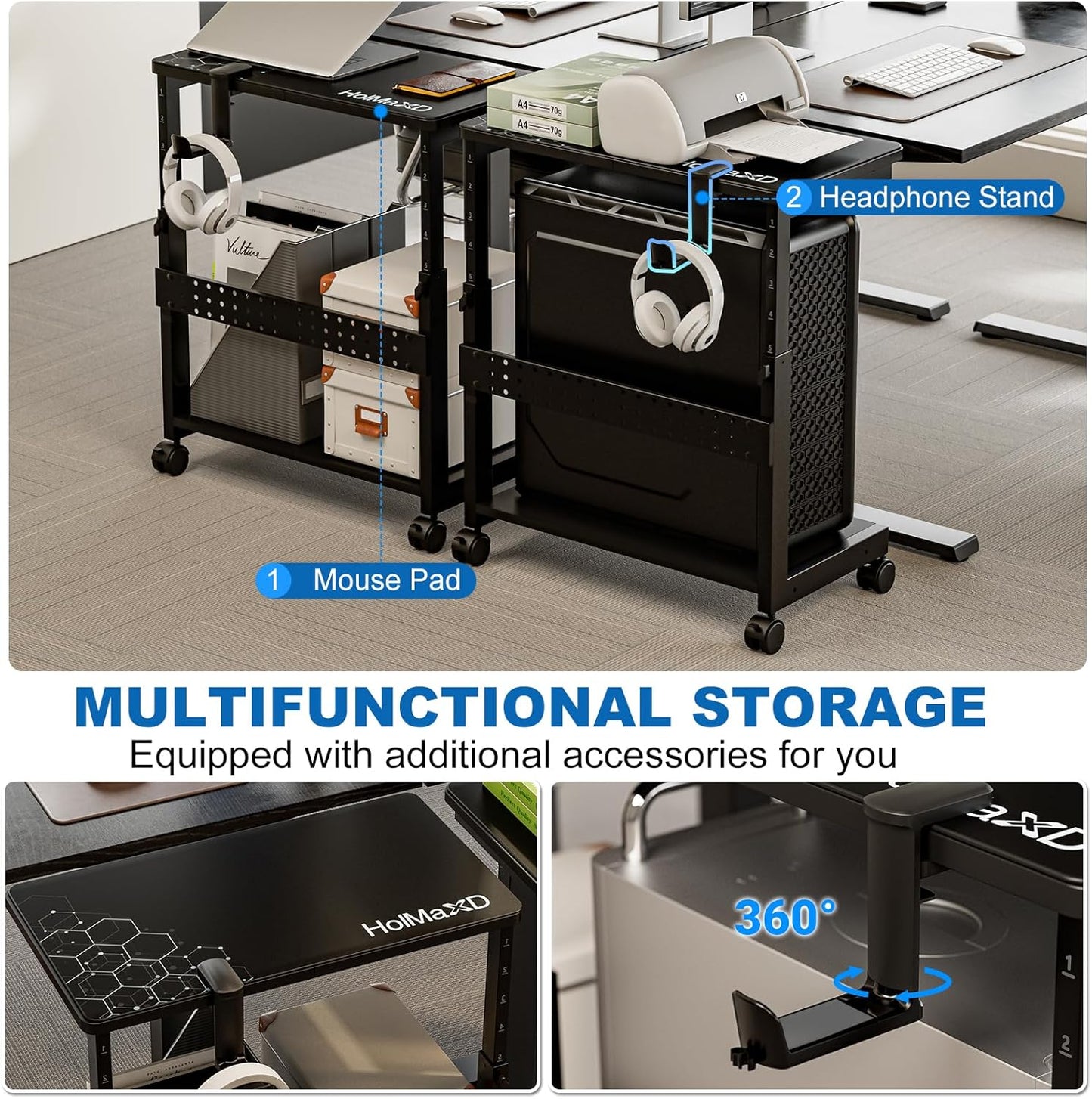 Height Adjustable Computer Tower Stand, 2-Tier ATX-Case CPU Holder with Mouse Pad & Headphone Stand, Mobile PC Standing Under Desk, Home Office Gaming Accessories, Computer Cart Wheels, Black