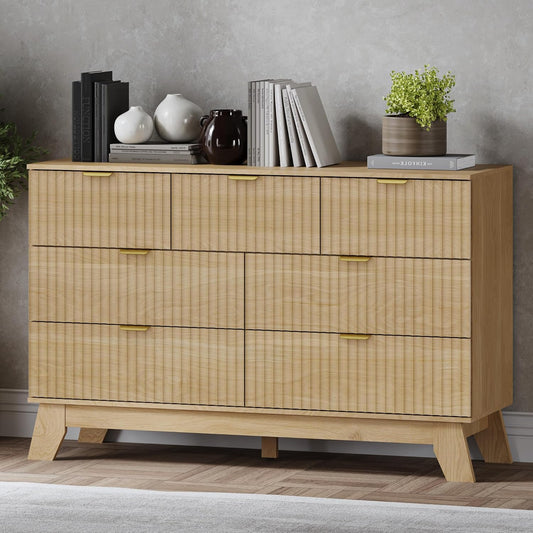 Fluted 7 Drawer Dresser, 47.2" Wide Modern Boho Chest of Drawers, Wooden Storage Dresser TV Stand for Bedroom, Living Room, Closet, Hallway, Curved Profile Design