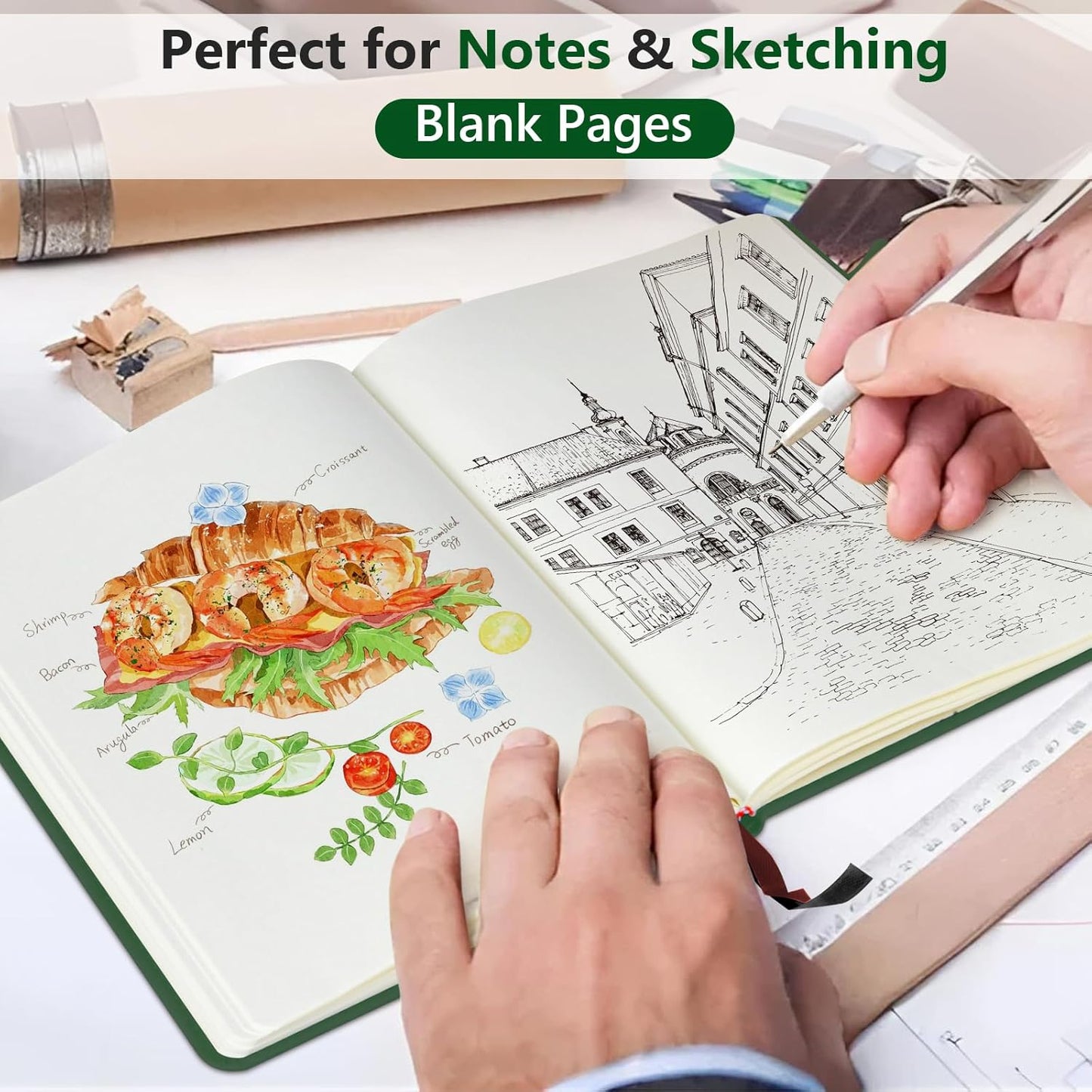 Blank Journal Ntebook for Men & Women, 160 Pages Blank Journals for Writing, Drawing,Sketch Book,5.9" x 8.5" Leather Sketchbook, Unlined Notebook for Work, School, Art - Green