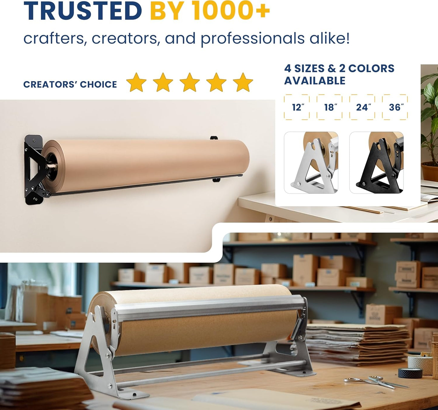 DIY Crew 18 Inch Paper Roll Dispenser and Cutter - Heavy-Duty Wall Mountable, Non Slip Tabletop - Kraft, Freezer, Butcher Paper - Up to 1000ft Rolls