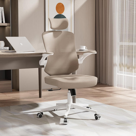 Desk Offiice Chair, Ergonomic Comfy Mesh Chair, Home High Back Gaming Executive Chair with Wheels, Compute Capacity 350LBS, Lumbar Support, Adjustable Headrest, Flip-up Armrest