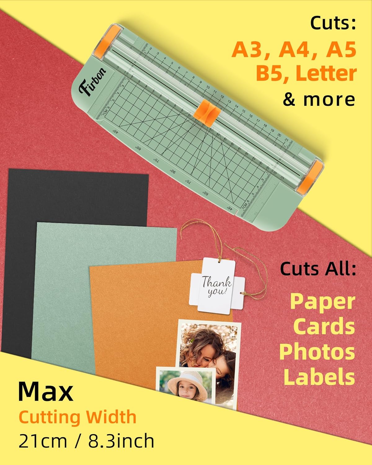 Firbon Morandi A5 Paper Cutter, Straight Small Paper Trimmer with Side Ruler for Scrapbooking Craft, Paper, Coupon, Label, Cardstock