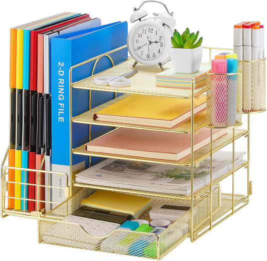 Marbrasse Rose Gold Desk Organizer with File Holder, 5-Tier Paper Letter Tray Organizer with Drawer and 2 Pen Holder, Mesh Desktop Organizer and Storage with Magazine Holder for Office Supplies
