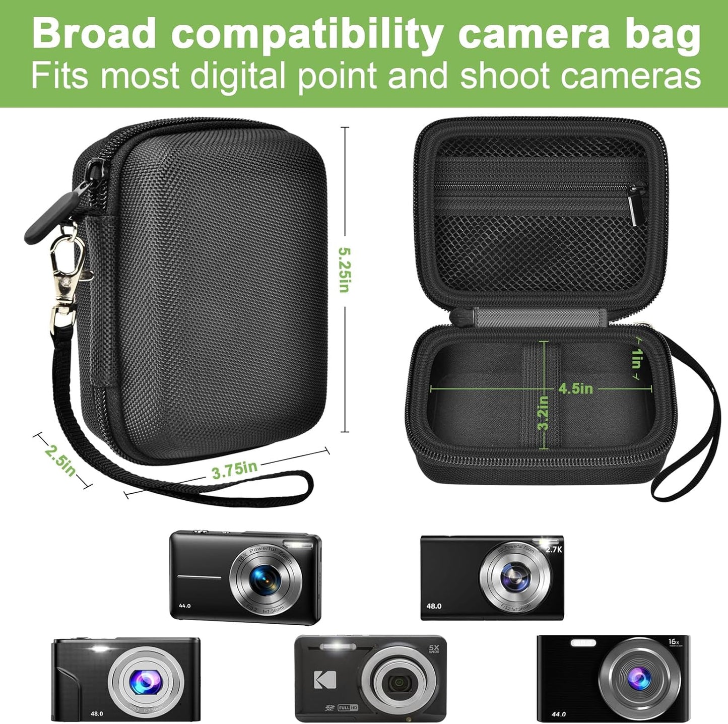 Digital Camera Case Compatible with VAHOIALD FHD 1080P/ for CAMKORY Digital Point and Shoot/for KODAK PIXPRO FZ45-BK 16MP Vlogging/for IWEUKJLO/for Nsoela, Holder for SD Card More- Black (Box Only)