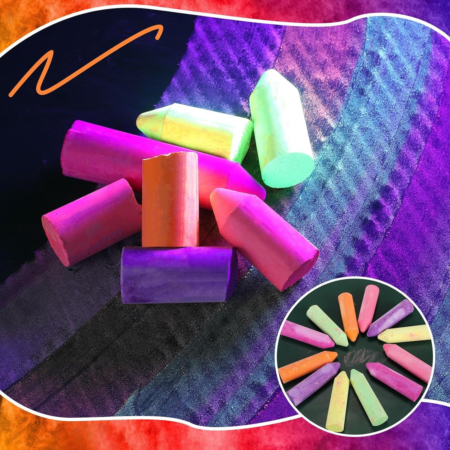 12 Pcs Glow in the Dark Chalk Under Blacklight, 6 Neon Colors Washable Dustless UV Sidewalk Chalk for Black Light Party Playground Chalkboard Birthday Gift and Outdoor Drawing (Crayon)