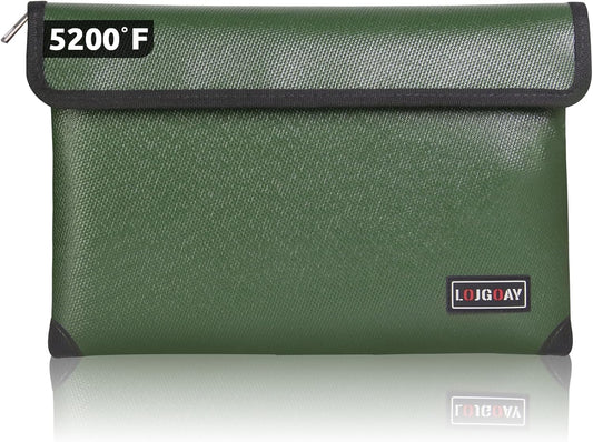 Fireproof Document Bag - with 5200°F Heat Insulated, Waterproof Fireproof Bag with Zipper, Fireproof Money Bag for Cash/Documents/Valuables, Fire bag (Green, 11"x7.7")