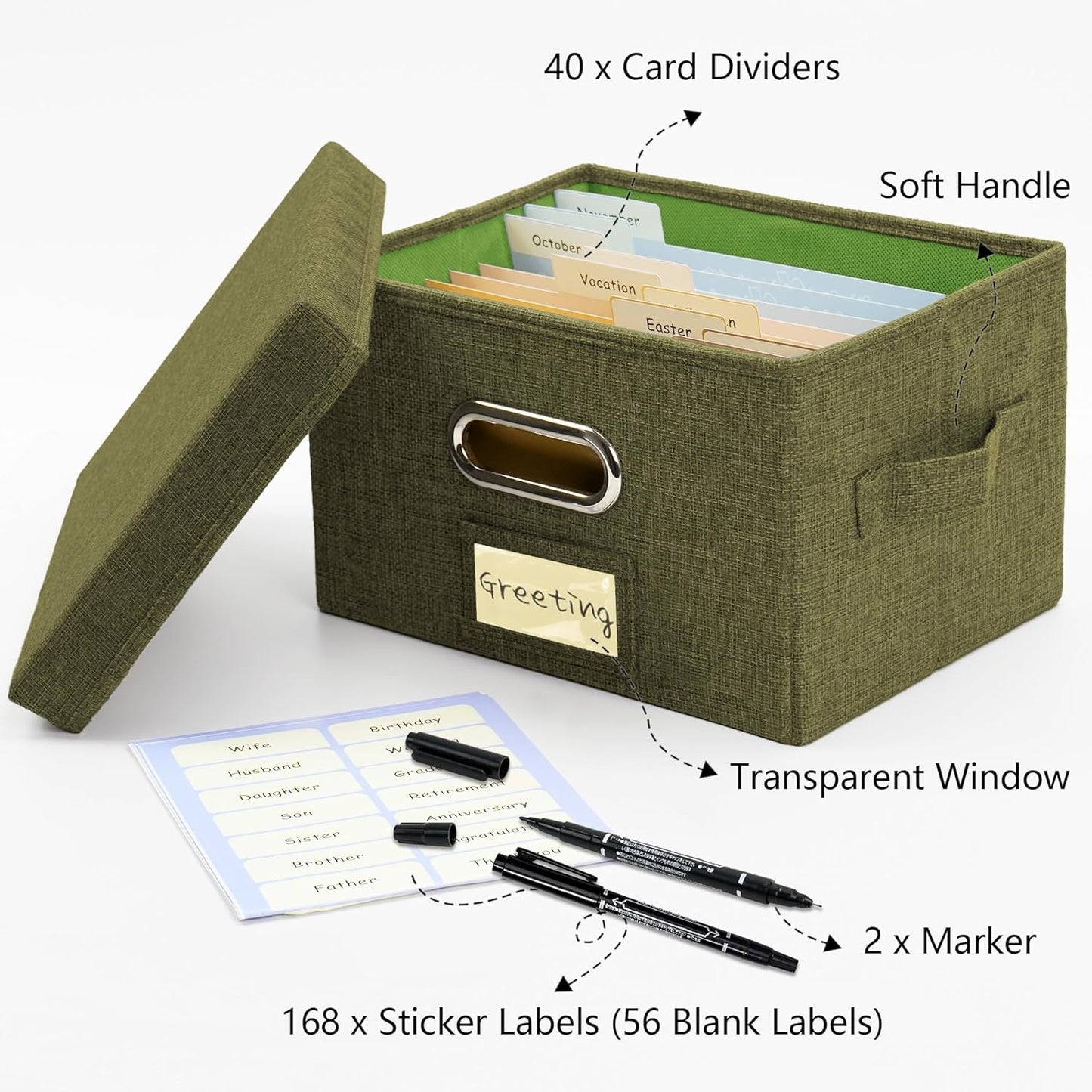 Greeting Card Organizer and Storage Box with 40 Pcs Adjustable Dividers, Storing Cards with 168 Pcs Labels Perfect for Storing Greeting Cards, Envelopes, Photos 2 Pack Olive Green