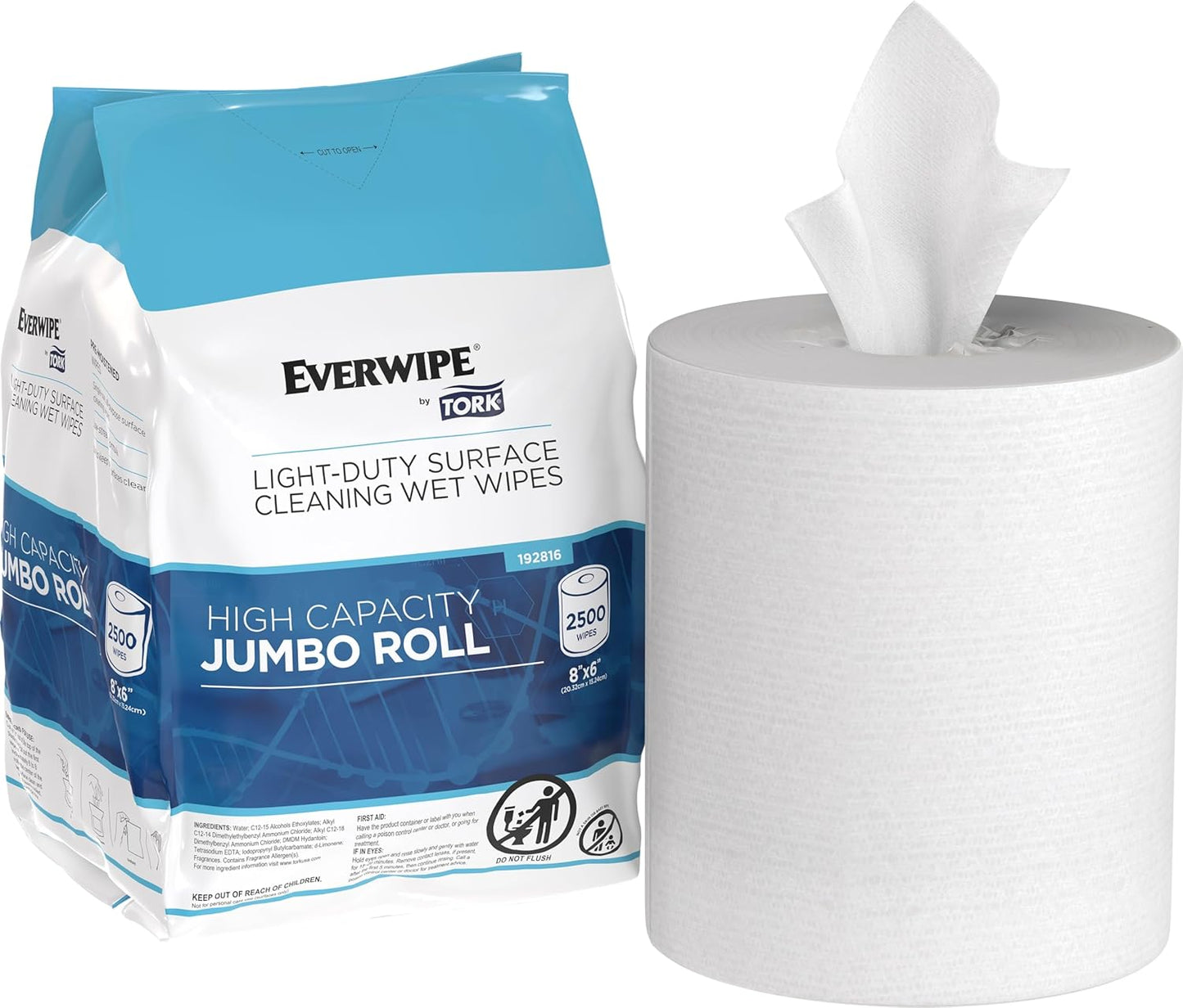 Everwipe by Tork Light-Duty Surface Cleaning Wet Wipe Jumbo Rolls White W12, Cleans and Deodorizes, 2 x 2500 wipes, 192816