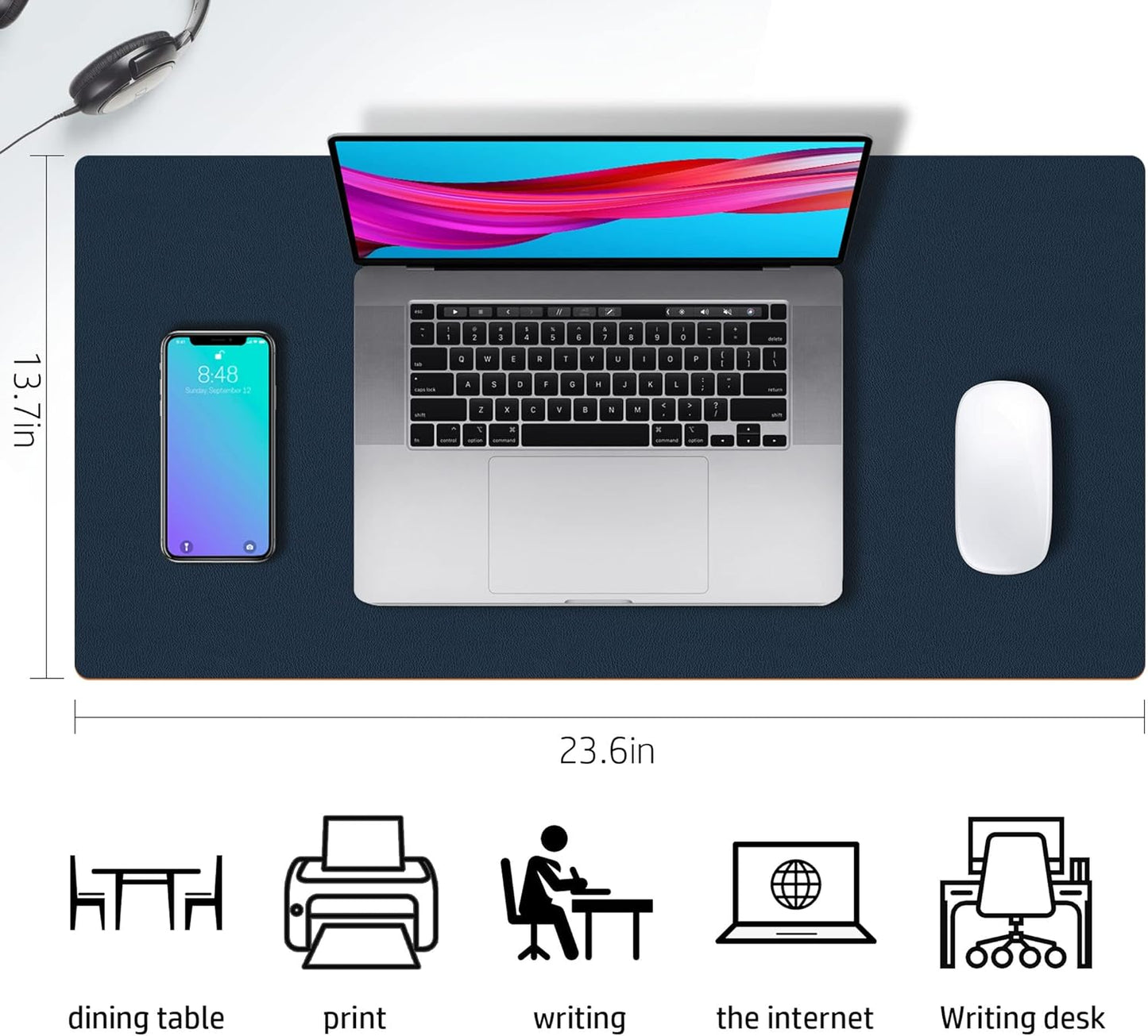 Desk Mat Large Protector Pad For Home, Office - Smooth Surface Soft Multifunctional Dual-Sided Desk Mouse Pad For Desktop, Waterproof, PU Leather (Dark Blue, 23.6" x 13.7")