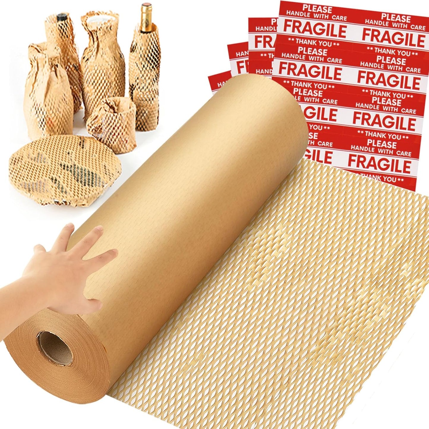 Honeycomb Packing Paper Wrap 15''x820', Substitute Alternative for Bubble Cushioning Wrap for Moving Shipping Packaging, Recyclable Moving Supplies with 48 Fragile Sticker Labels