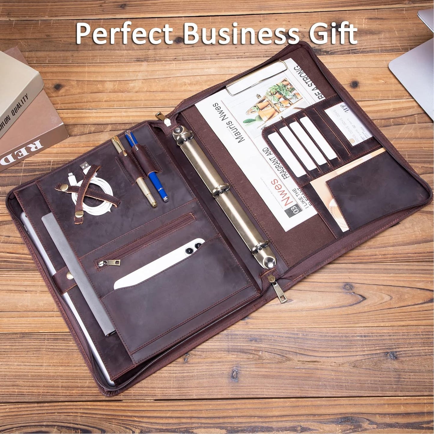 Personalized Genuine Leather Portfolio 3 Ring Binder with Clipboard, Hidden Handle, Custom Engraved 8.5 x 11 Zip Padfolio, Business Professional Organizer for Men Women, Dark Brown