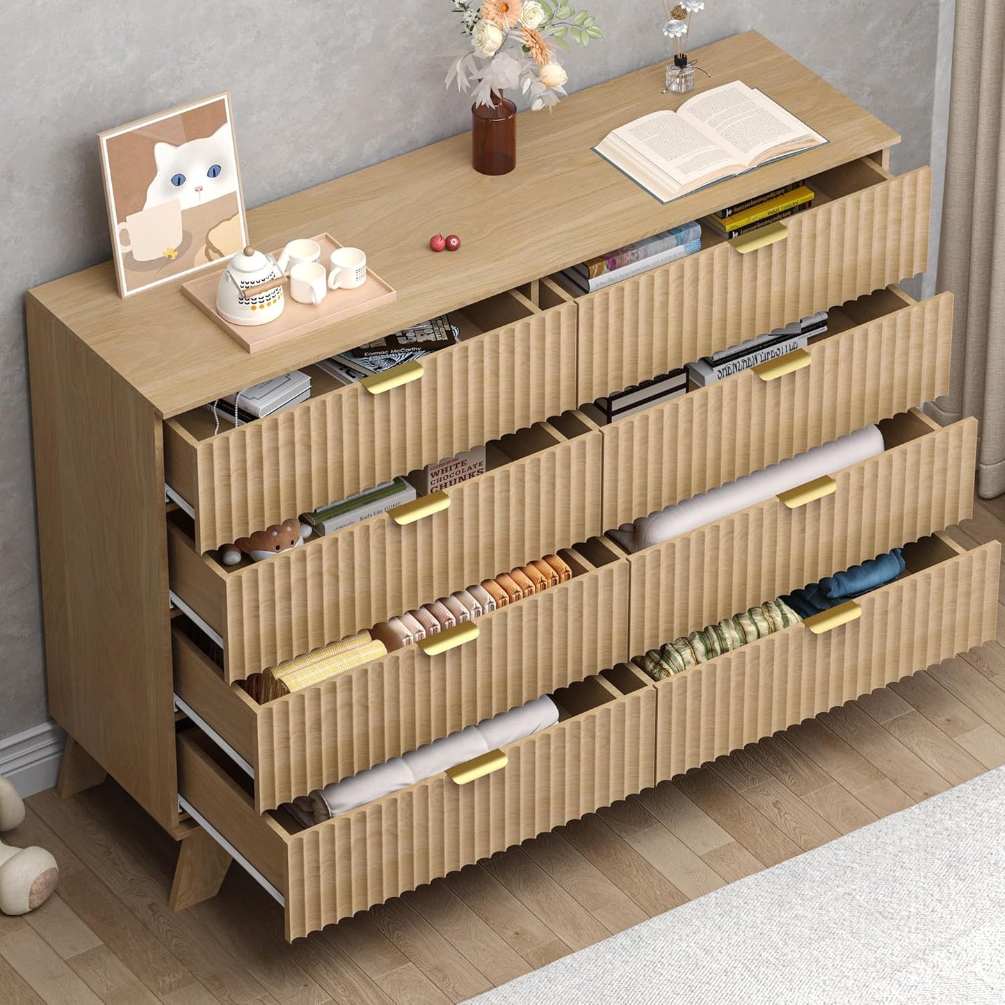 Fluted 8 Drawer Tall Dresser, 47.2" Wide Modern Boho Chest of Drawers, Wooden Storage Dresser TV Stand for Bedroom, Living Room, Closet, Hallway, Curved Profile Design