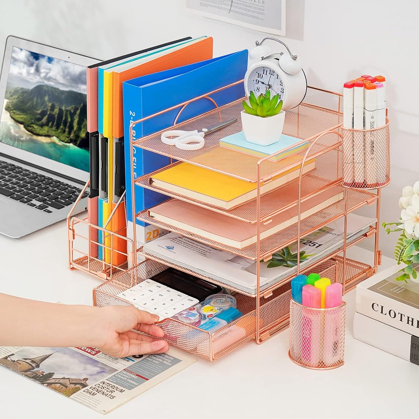 Marbrasse Rose Gold Desk Organizer with File Holder, 5-Tier Paper Letter Tray Organizer and Drawer, Mesh Desktop Storage with Magazine Holder for Office Supplies