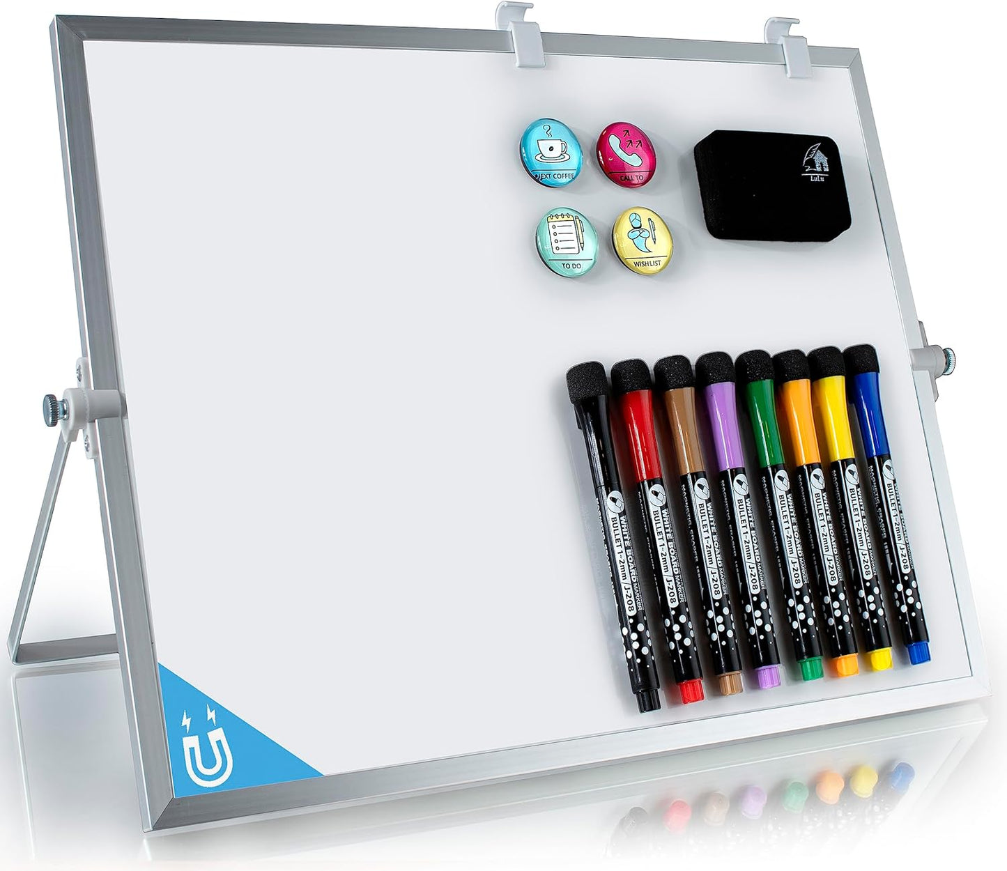 12x16 Magnetic Dry Erase Whiteboard – Double-Sided Desktop Board with Stand, 8 Markers, 4 Glass Magnets, Eraser, Marker Holder – Portable Wipe Off Board for Desk, Wall, School, Home