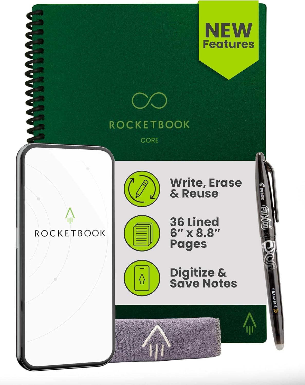 Rocketbook New Core Reusable Spiral Notebook, Executive Size 6x8.8, Green - Lined Pages, App-Connected, Erasable, Durable Cover, Ideal for School, Work, and Creative Projects