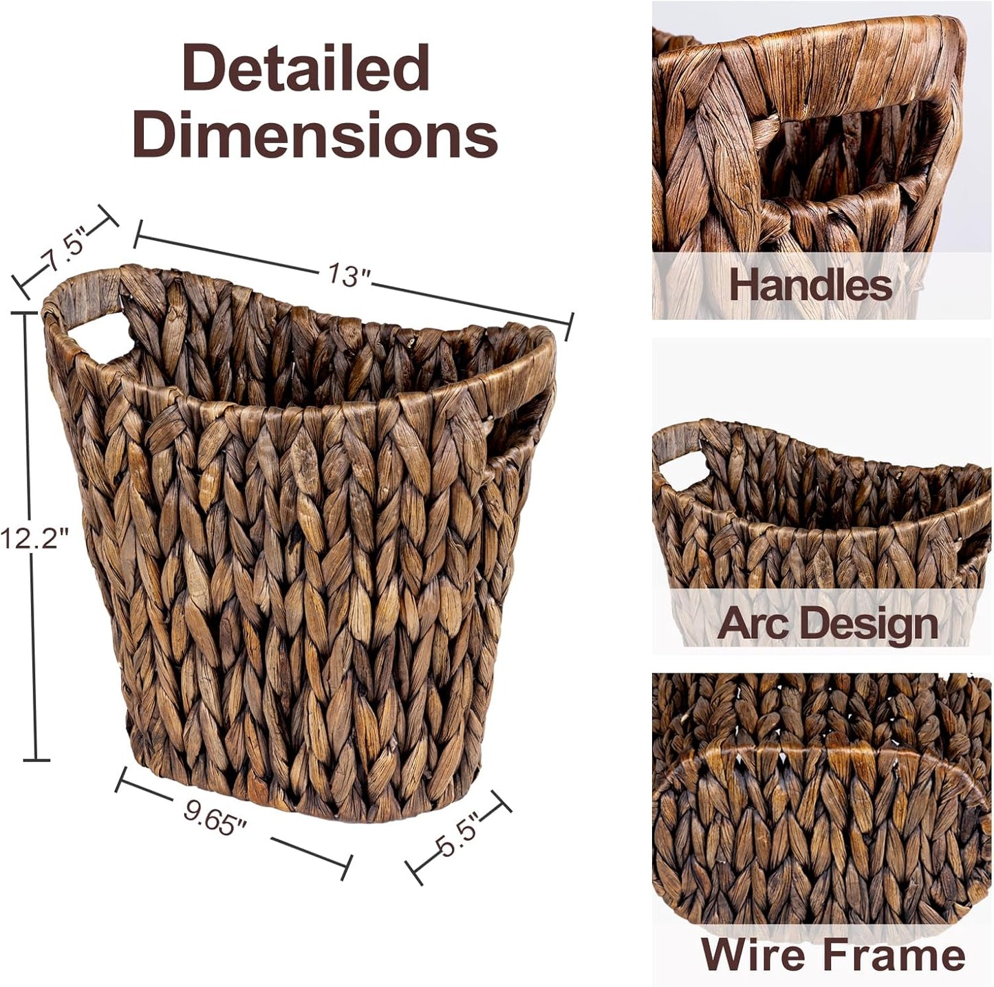 FairyHaus Wicker Waste Basket with Handle, Hand-Woven Water Hyacinth Trash Can for Bathroom Bedroom, Brown Wicker Storage 13 x 7.5 x12.2