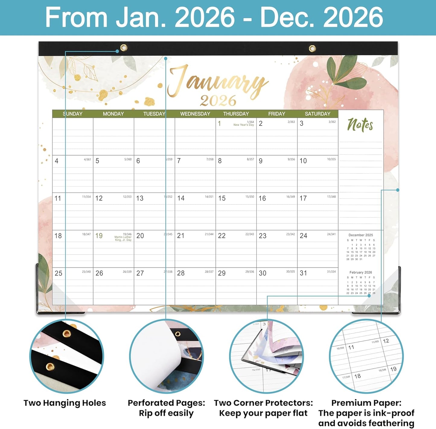 2026 Desk Calendar - Jan. 2026 - Dec. 2026, 14.6" x 11.5" Desk Calendar 2026, Desk Pad, Julian Date, Corner Protectors, Good for Work or Home Desk Organizing