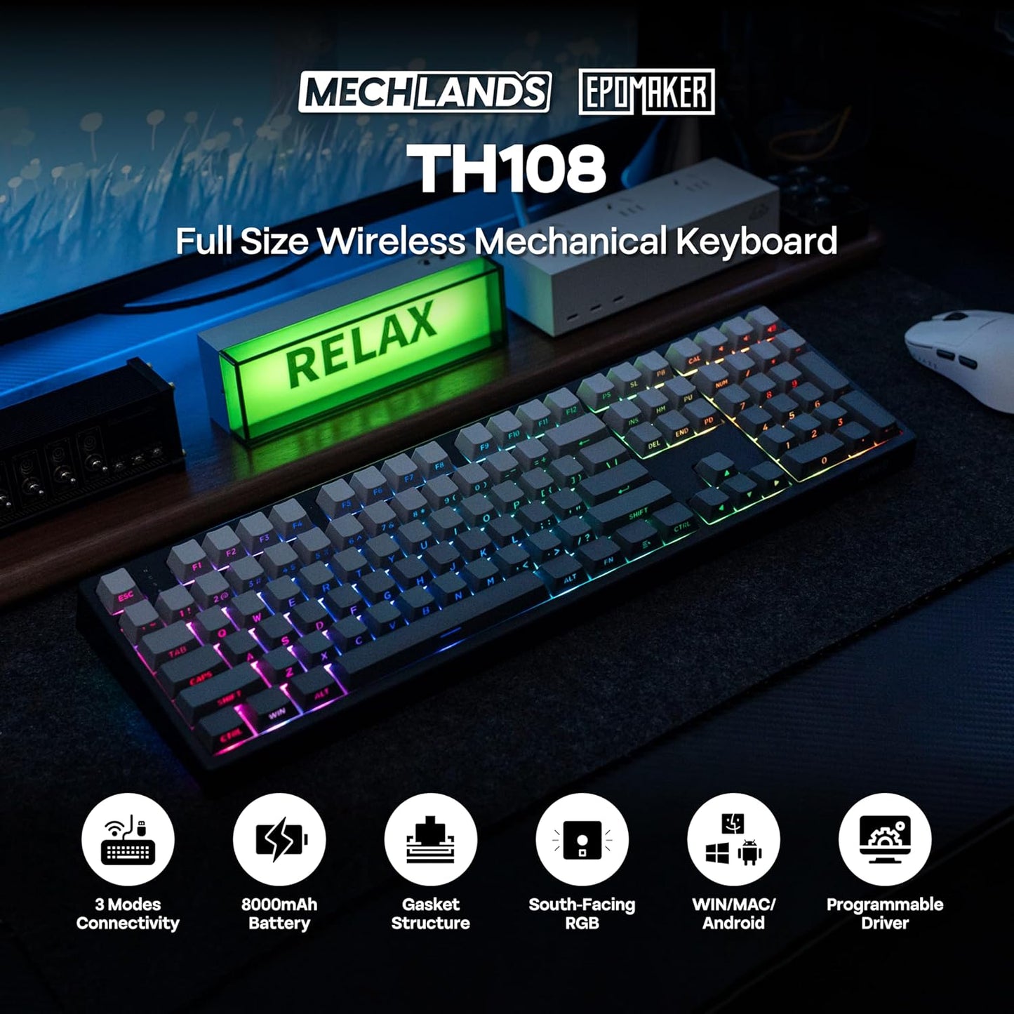 EPOMAKER TH108 Full Size Mechanical Keyboard, Wireless Gaming Keyboard, 8000mAh Battery, Creamy Gasket, 108 Keys, Hot Swap, Custom Driver, RGB Backlights (Black, Sea Salt Silent Switch)