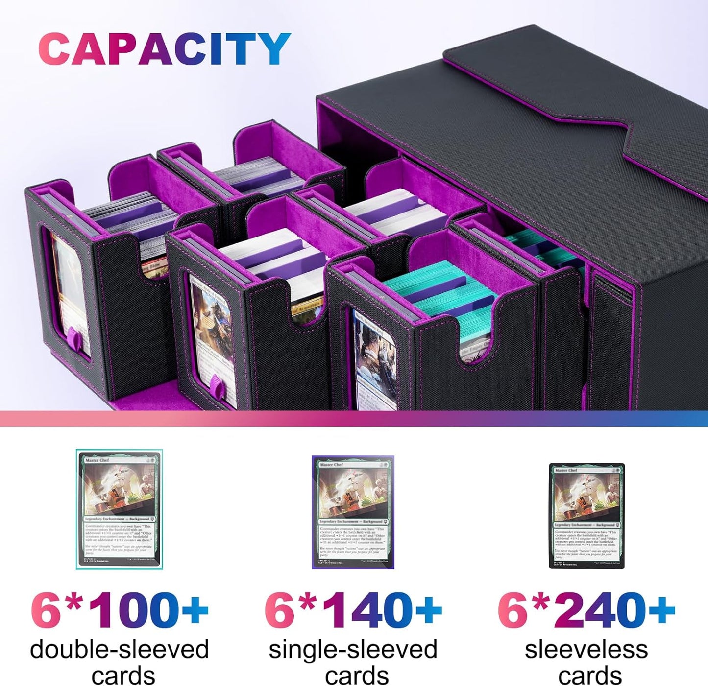 Commander Deck Box for MTG, 6-Deck Modular Card Case with Dice Tray Holds 600+ Double-sleeved Cards, Removable Trading Cards Storage Box with 35PT Magnetic Card Holders for TCG, Black Purple