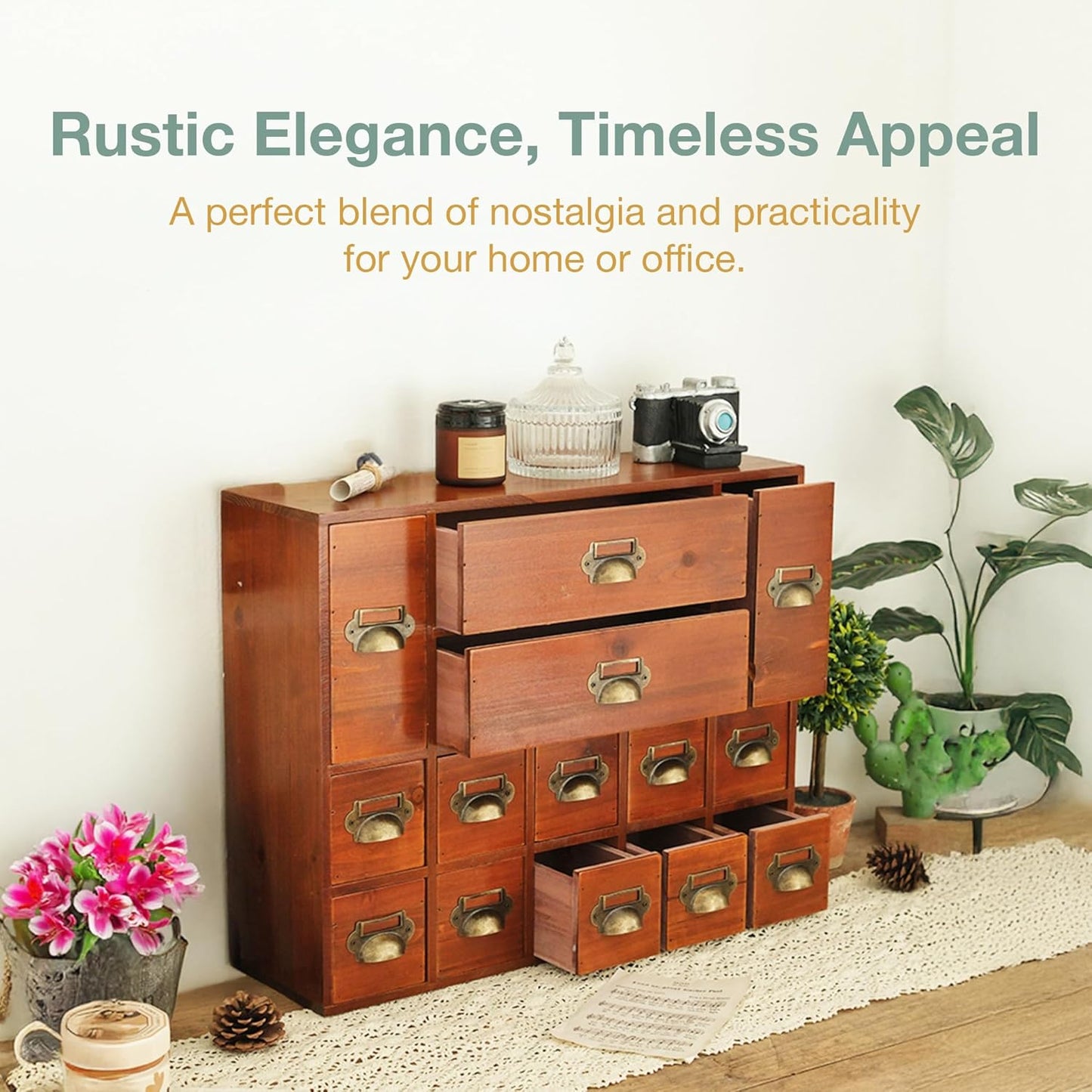 14-Drawer Apothecary Cabinet - Index Card Organizer - Miniature Chest of Drawers - Brass Handle Organizer - Kids' Arts and Crafts Storage - Wooden Desktop Drawer Organizer