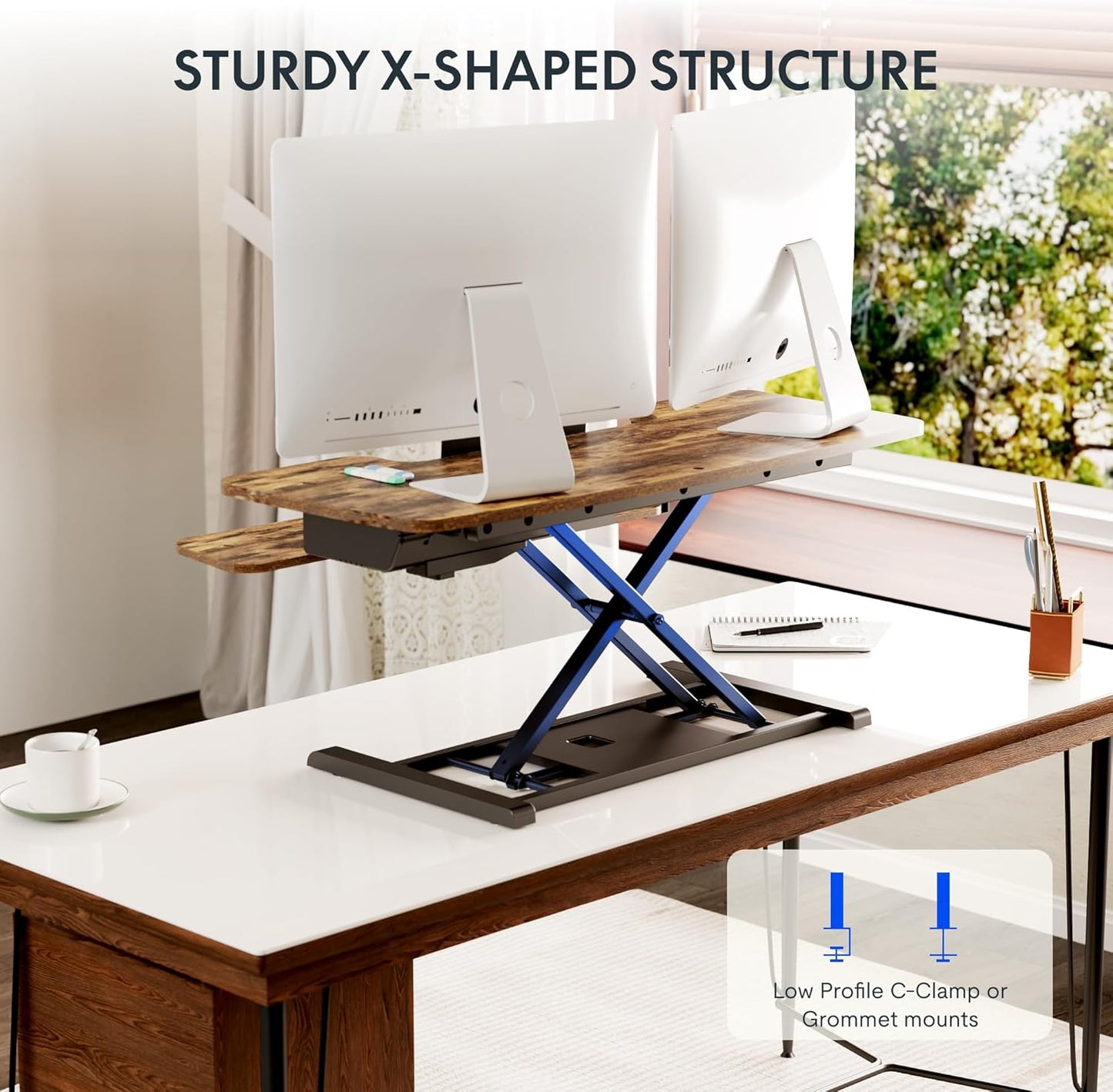 FLEXISPOT 40 inch Electric Motor Desk Converter, Sit to Stand Monitor and Laptop Workstation, Height Adjustable Riser with Wide Keyboard Tray, Rustic Color