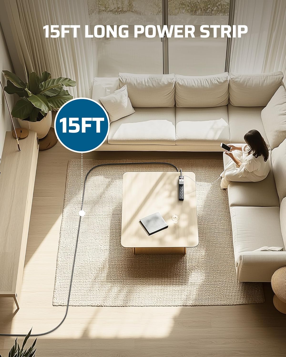 DEWENWILS 15 Foot Long Power Strip, 6-Outlet Power Strip 15FT, 15 Amp Circuit Breaker, Low Profile Flat Plug, Surge Protector for Office, Living Room, Bedroom, 4 Pack, Wall Mount, Black