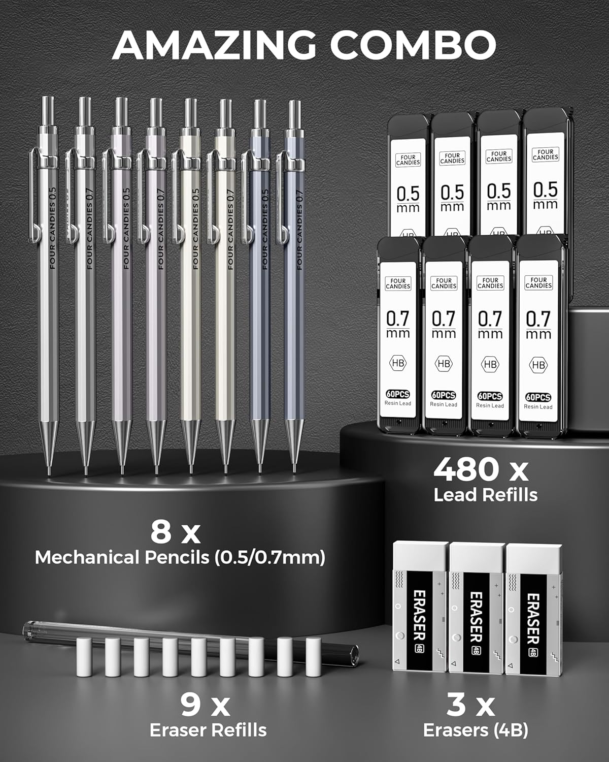 Four Candies 8PCS Metal Mechanical Pencils - 0.5 & 0.7mm with 8 Tubes HB #2 Lead Refills, Eraser Set and Eraser Refills, 20-Count Pack with Case, Lead Pencils Mechanical for Writing, Drawing, Drafting