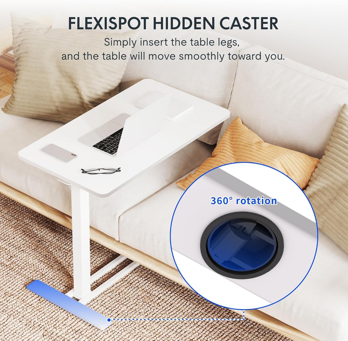 FLEXISPOT Mobile Standing Desk with Wheels Pneumatic Laptop Desk Rolling Computer Cart Movable Height Adjustable Small Sit Stand Desk Computer Workstations Home Use（31.5" W x 17.7" D,White