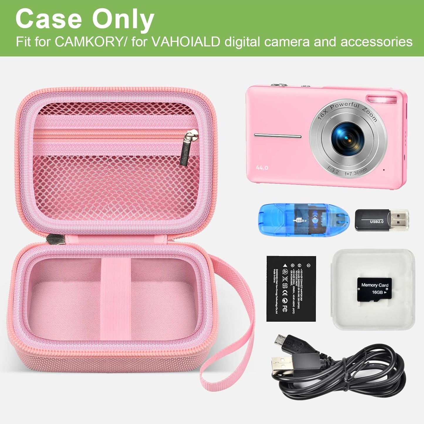 Digital Camera Case Compatible with VAHOIALD FHD 1080P/ for CAMKORY Digital Point and Shoot/for KODAK PIXPRO FZ45-BK 16MP Vlogging/for IWEUKJLO/for Nsoela, Holder for SD Card More- Pink (Box Only)